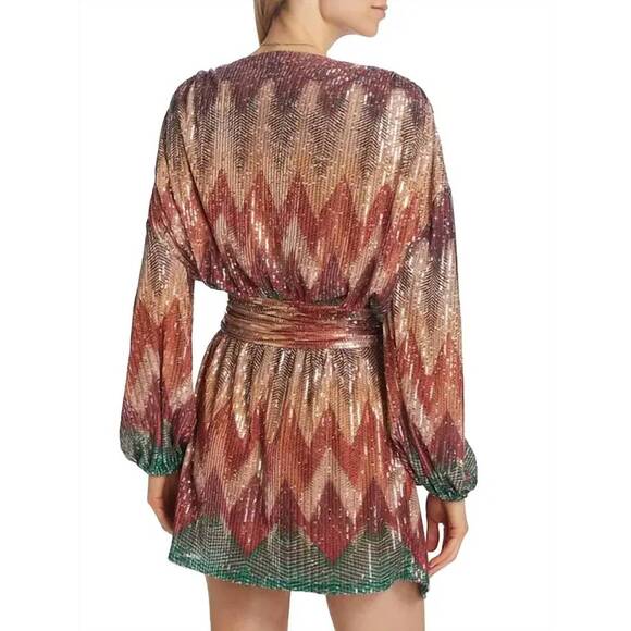 NEW RAMY BROOK michaela sequin chevron wrap mini dress in red multicolor - Picture 2 of 2